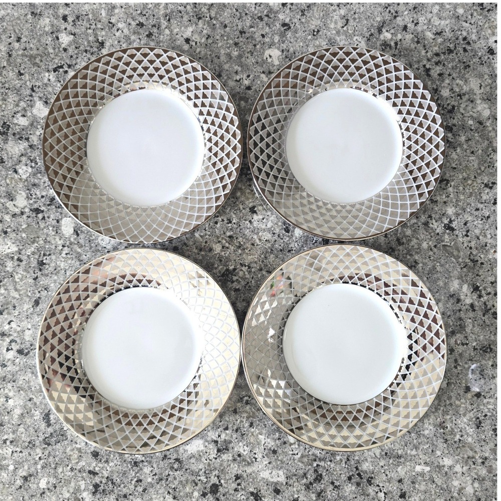 Ciroa Luxe Porcelain Dessert Plates Set of 4 Silver Metallic Geometric 6in